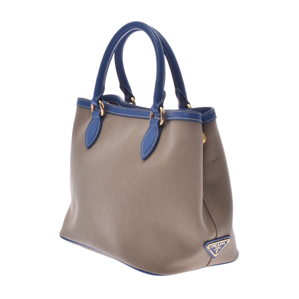 Prada Calfskin Blue Canvas Bag Beige Blue Tan